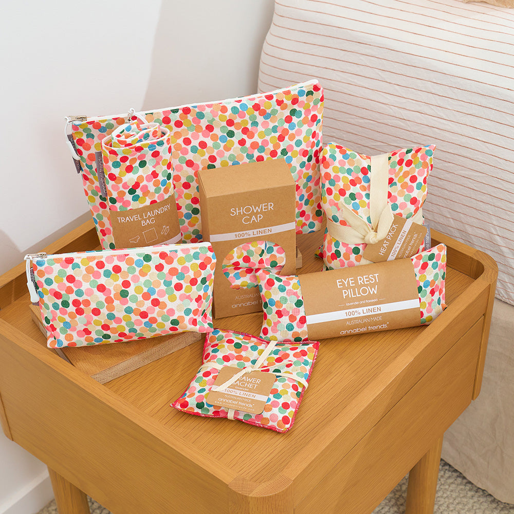 Confetti Linen - Bathroom linens - Cosmetic Bags - Eye rest pillow - Drawer sachet - shower cap