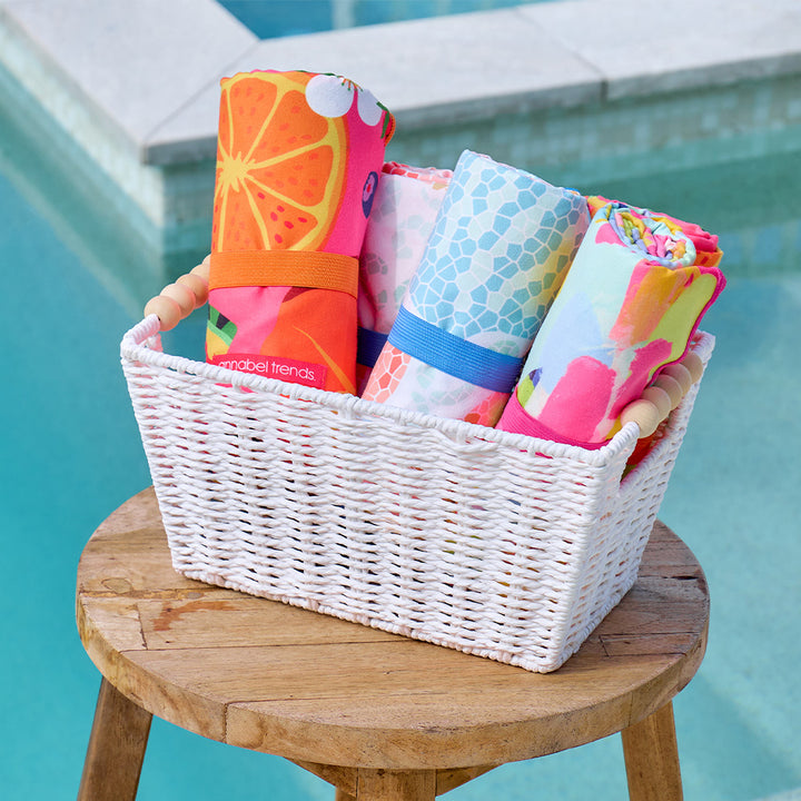 Annabel Trends - Papier Woven Basket - Home Decor - Sand Free Beach Towels - Tropicana - Shelly Beach - Hello Cockie - Good Vibes