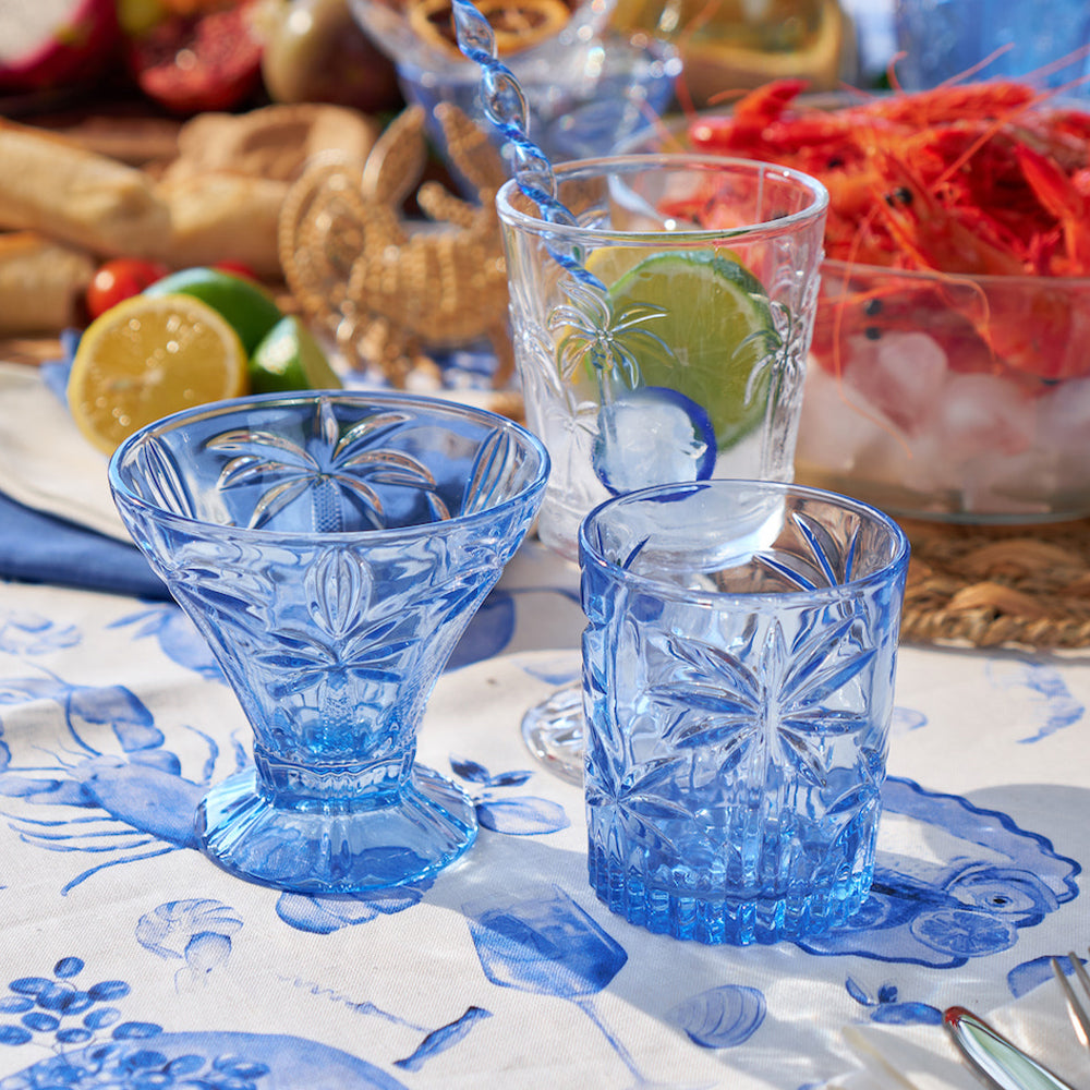 clear and blue palm tree glassware