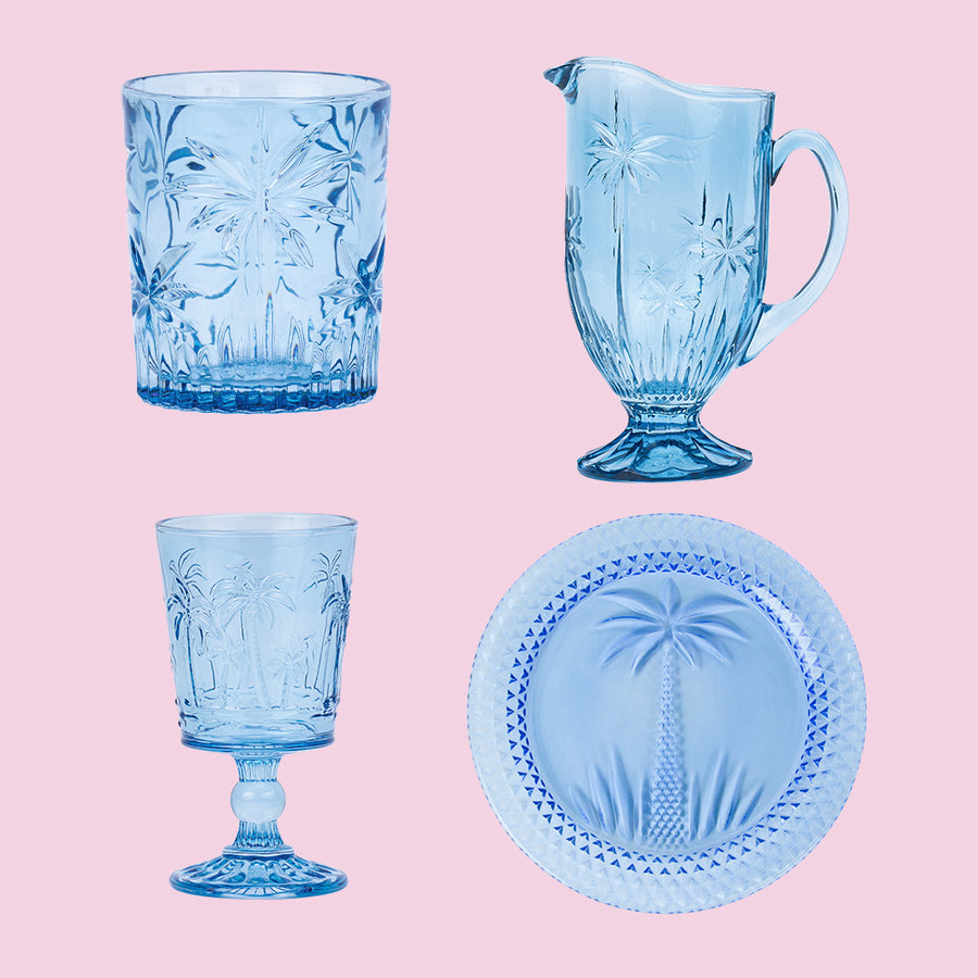 blue-palm-glassware-bundle-tumbler-jug-goblet-plate