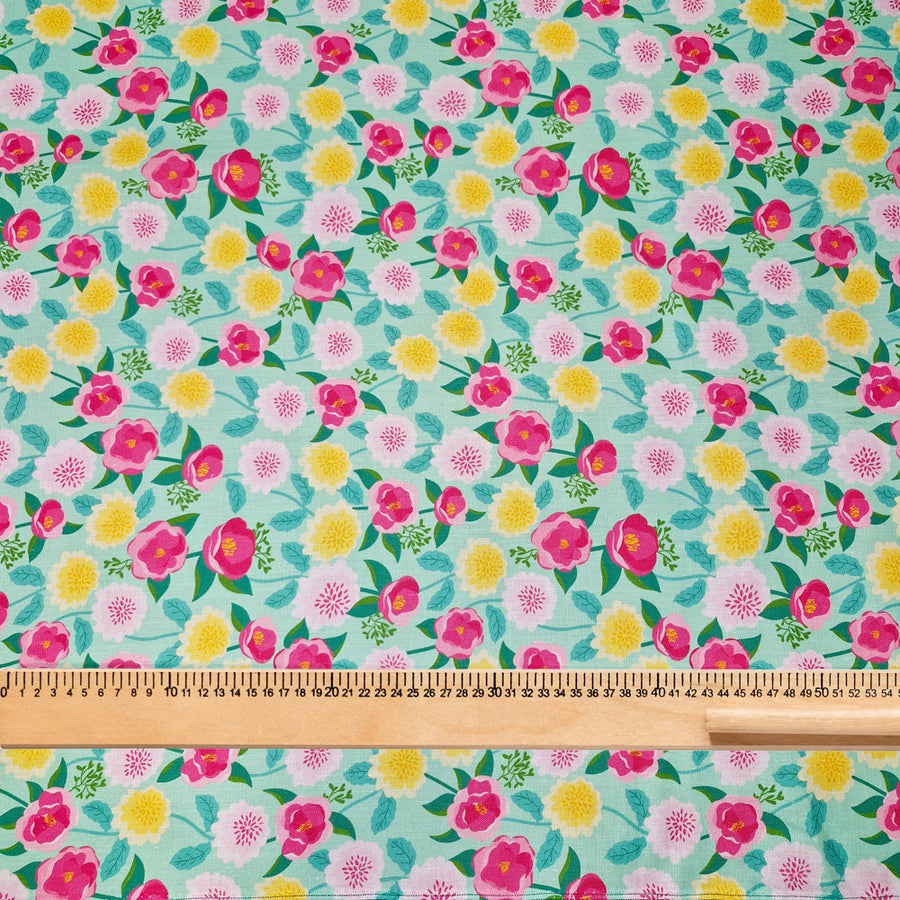 Fabric by the metre - Camellias Mint - Linen
