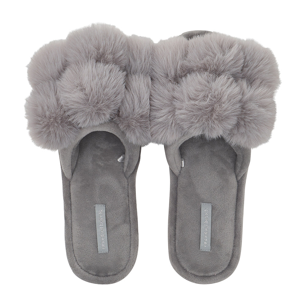 cosy luxe pom pom slippers grey