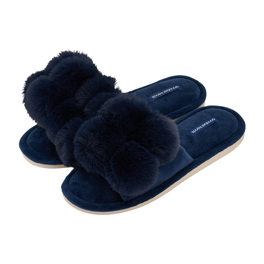 cosy luxe pom pom slippers navy