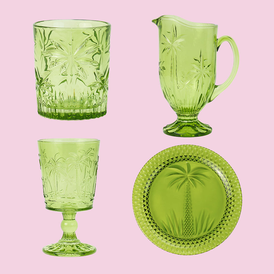 Green-palm-glassware-bundle-tumbler-jug-goblet-plate