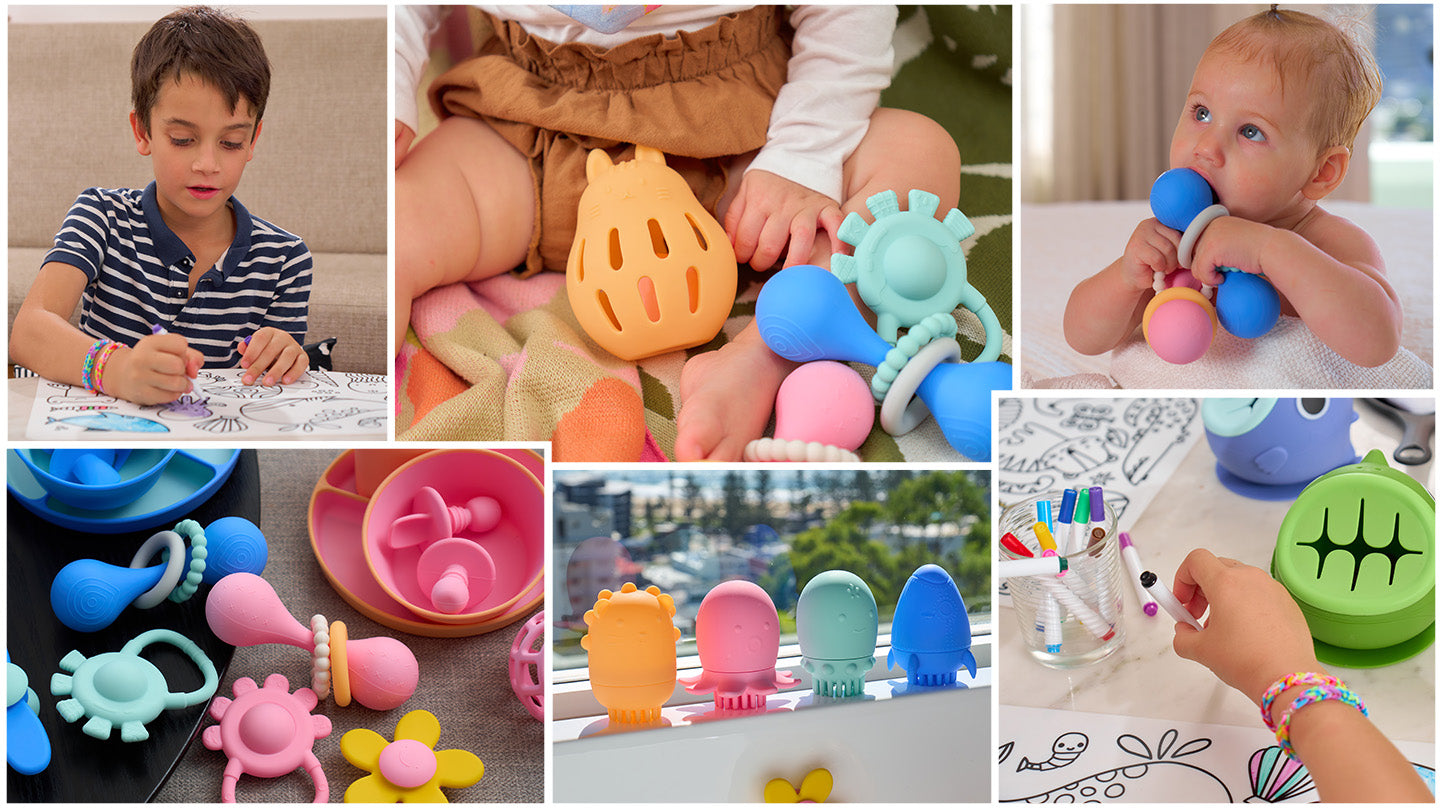 silicone-kids-range-toys-dumbbell-snack-box-rattles-colouring-mat