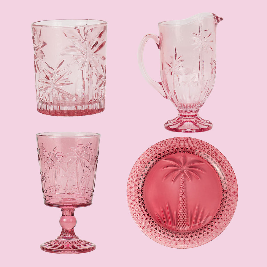 Pink-palm-glassware-bundle-tumbler-jug-goblet-plate