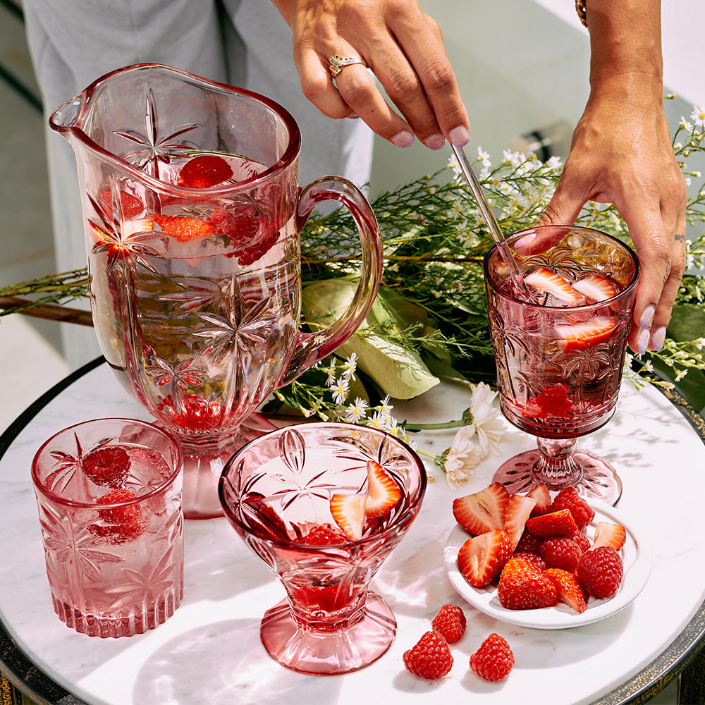 Pink-palm-glassware-tumbler-cocktail-glasses-water-jug-carafe-goblet