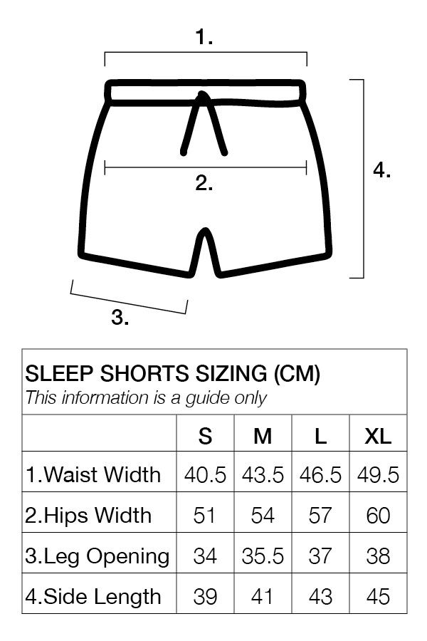 sizing chart  sleep shorts