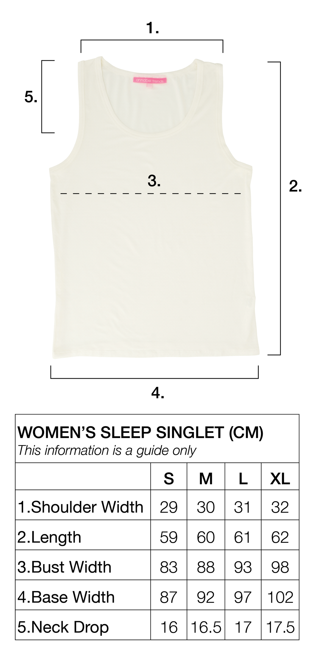 annabel trends Sleep Singlet Sizing Chart