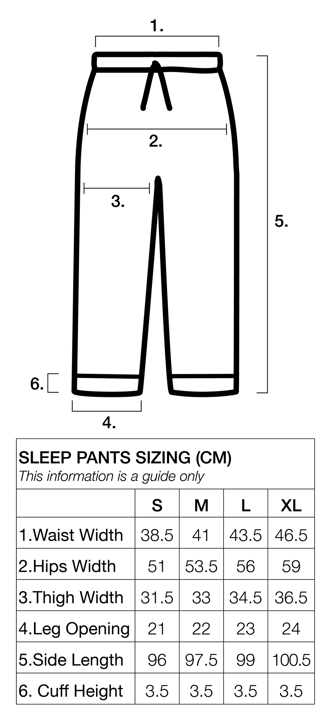 Sleep Pants - Sizing Chart