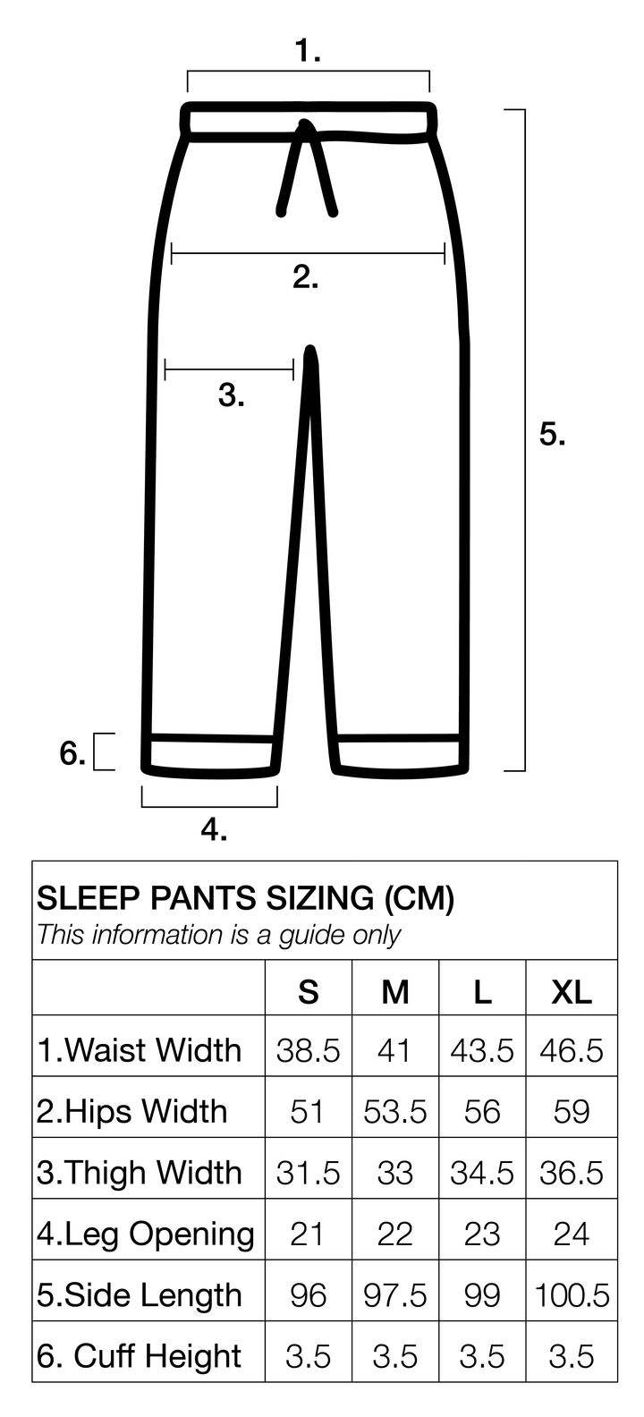 Sleep Pants - Sizing Chart