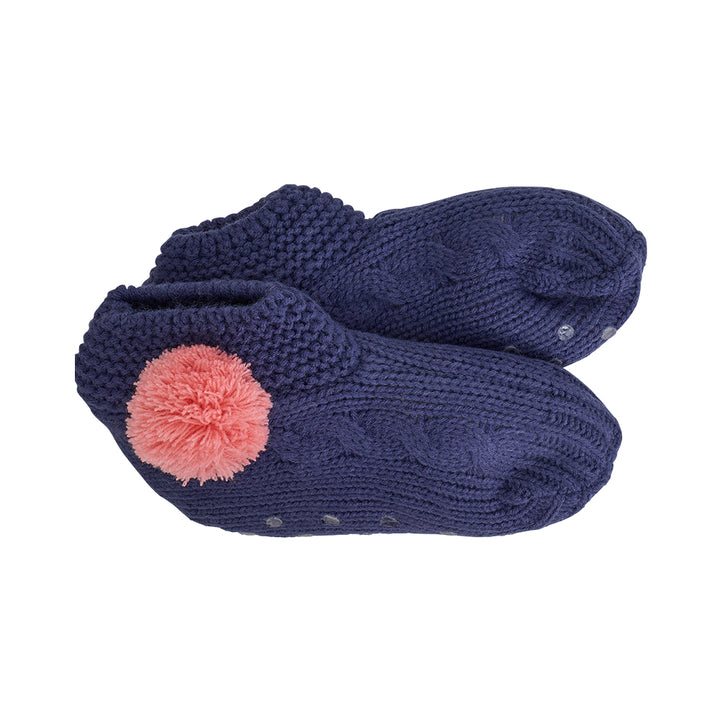 slouchy slippers navy and pink pom pom