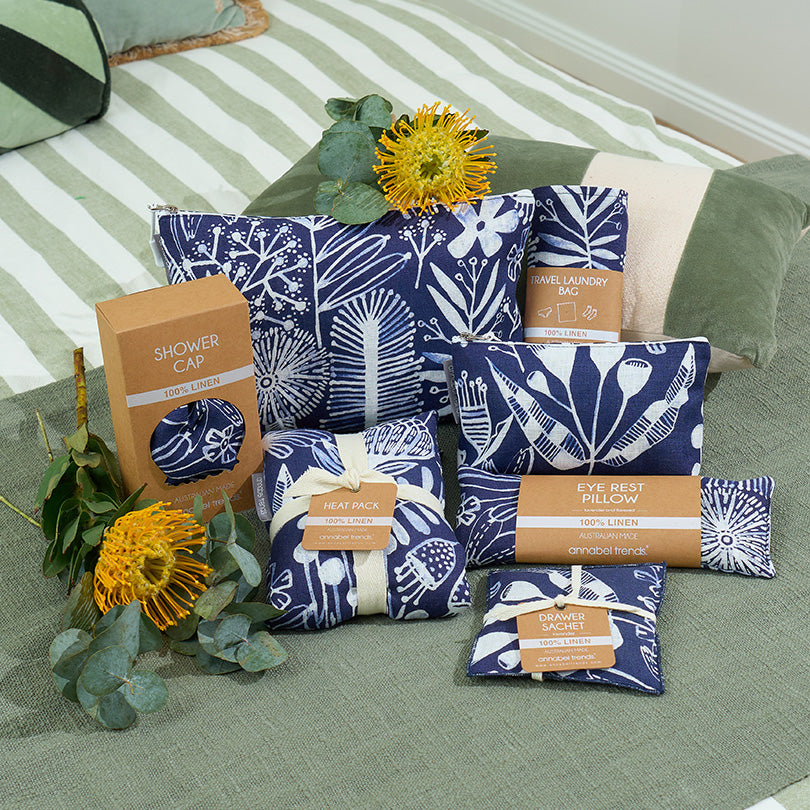 annabel trends navy natives bathroom linen range, cosmetic bags, heat pillows, drawer sachet, shower cap