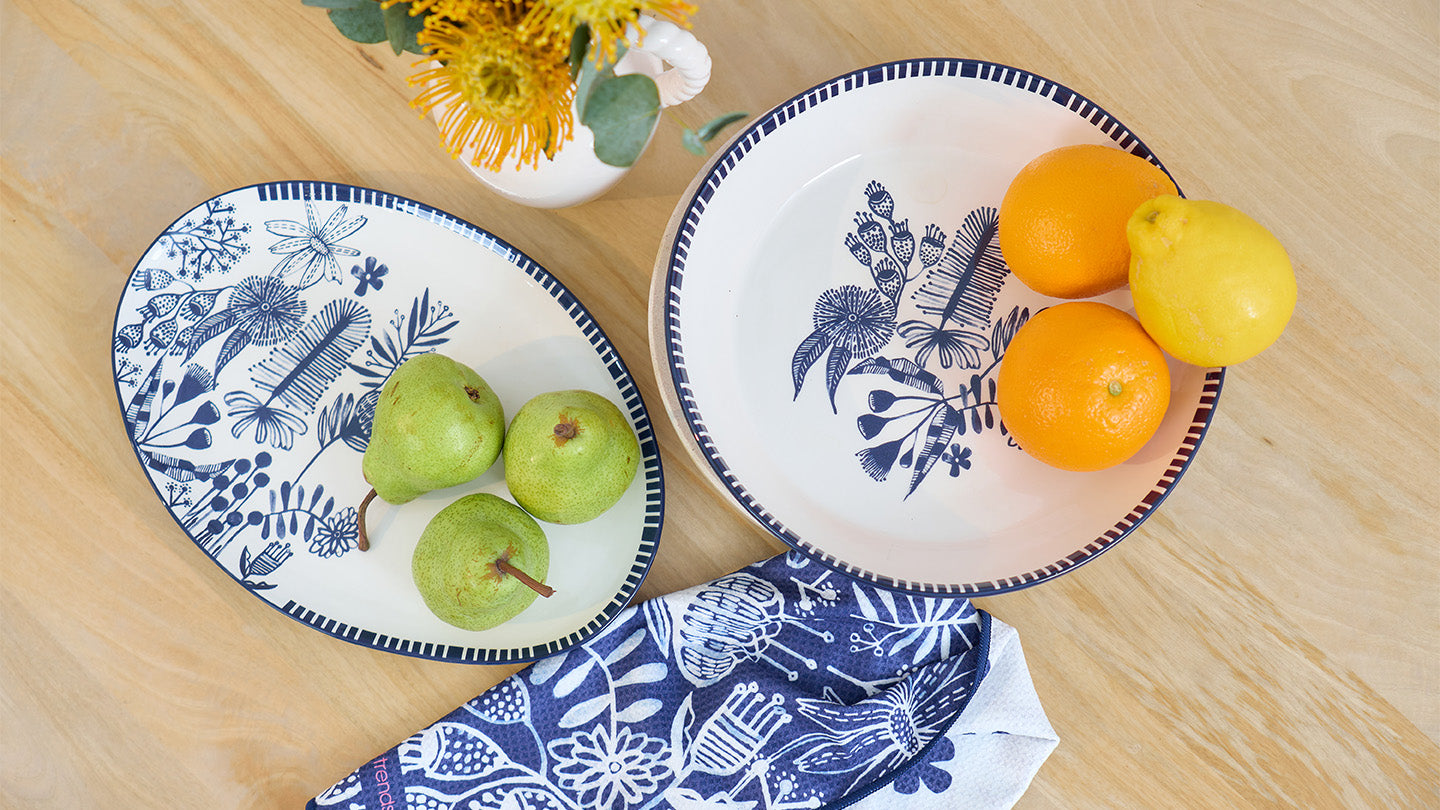 annabel trends navy natives ceramic plate and bowl and microfibre navy natives tea towel