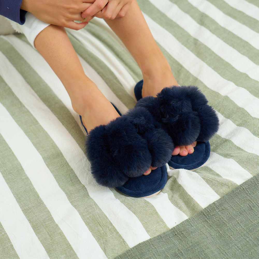 Pom pom slippers navy cosy luxe