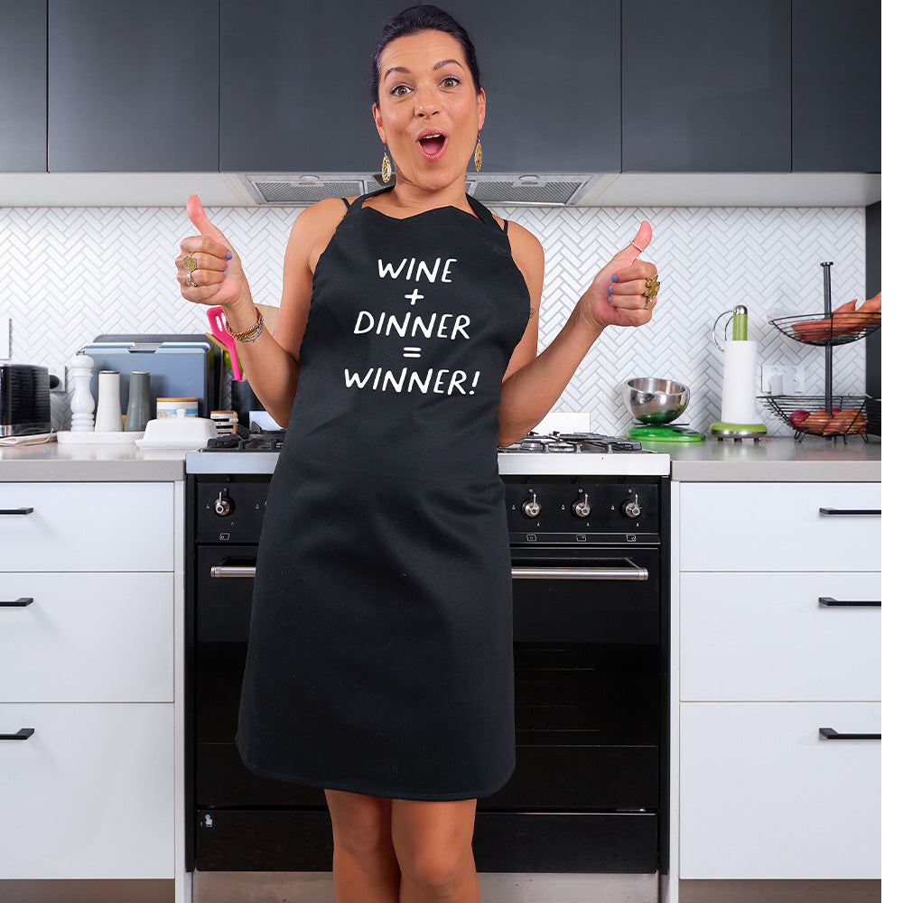 win + dinner = winner screen-print apron