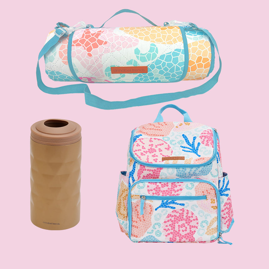 Annabel trends shelly beach picnic bundle, picnic mat, back pack lunch bag and wine bottle cooler