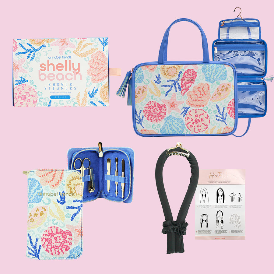 teen gifting bundle, shelly beach toiletry bag, manicure set, shower steamer and miss bliss hair curler