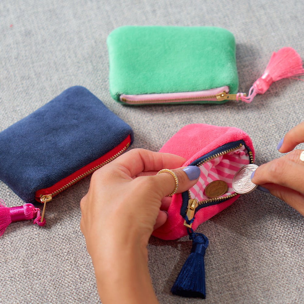 velvet coin purse hot pink sapphire blue meadow green