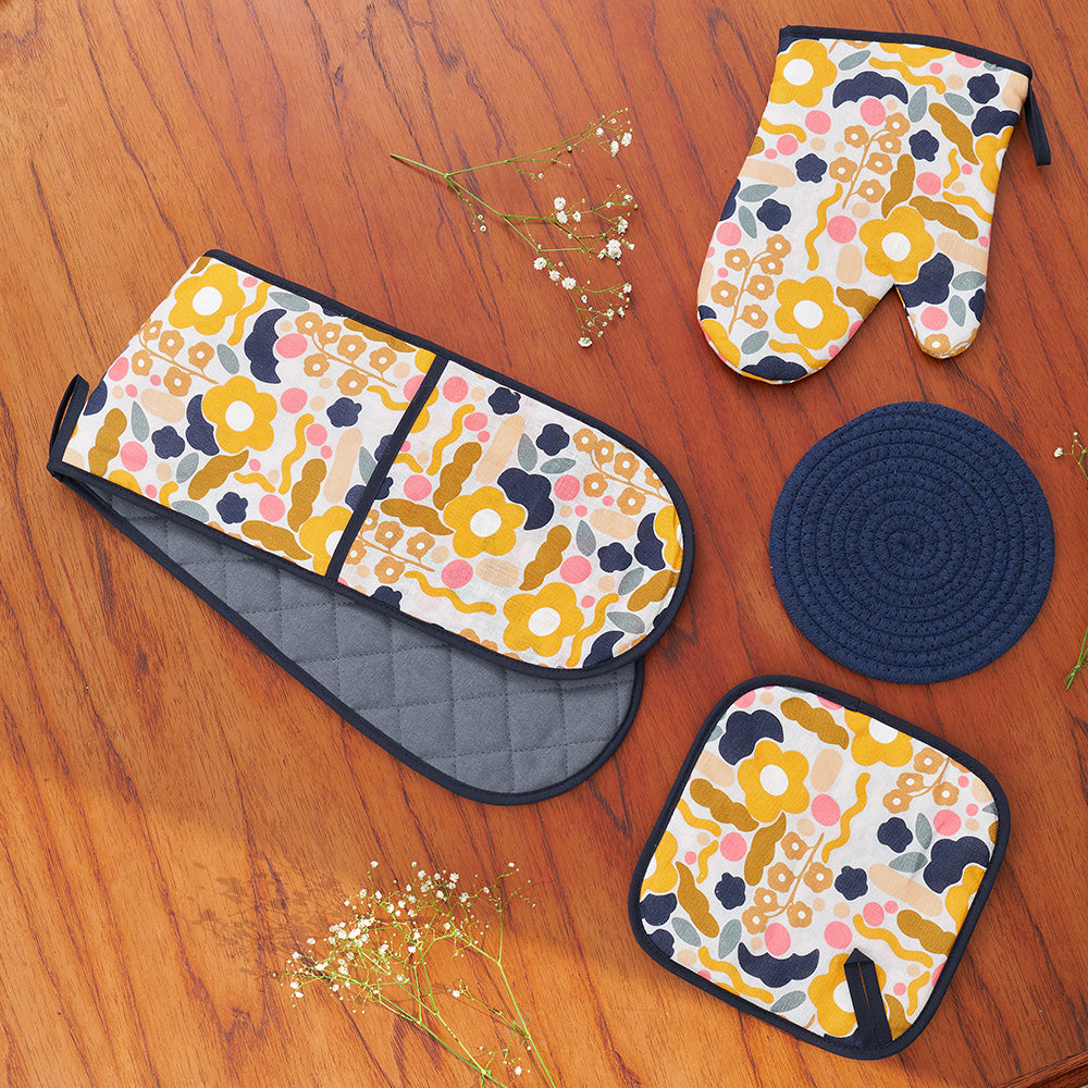 Floral Puzzle Mustard Linen Kitchen Ware and Navy Trivett